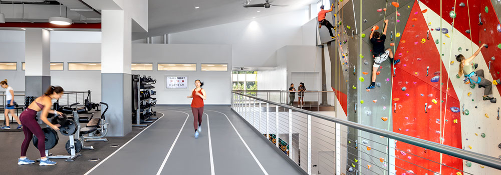 Second Floor of the Aztec Recreation Center - running on track, rock climbing wall, weight training